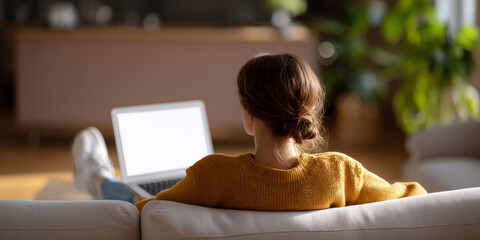 Young woman sitting on sofa using laptop with blank screen in cozy living room with natural light and plants