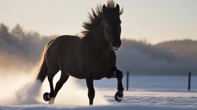 a single dark horse running fast through deep snow in winter, full body in frame, side angle, dynamic gallop with lifted legs