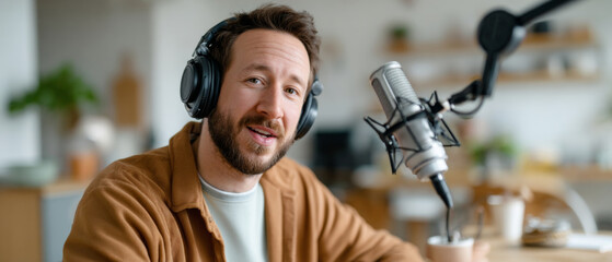 Young man with beard wearing headphones speaking into professional microphone in cozy home studio environment