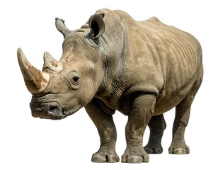 Obraz premium Rhino isolated on white. Large, gray animal with two horns stands in center, skin wrinkled