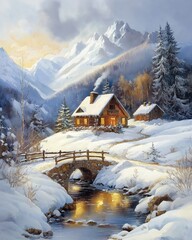 A wooden house in the middle of a snow-covered forest in winter, among pine trees. View of an outdoor landscape scene.