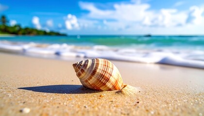 Seashell resting on the beach; beautiful sunny day, turquoise water, white waves, and distant land