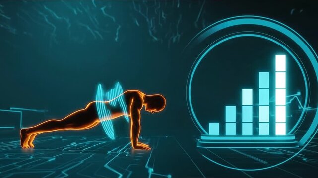 Strength and Data: A futuristic composition visualizes a person undergoing a rigorous workout, overlaid with technological data streams and a digital progress bar.