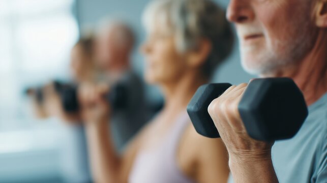 Seniors lifting weights in sync &mdash; close-up
