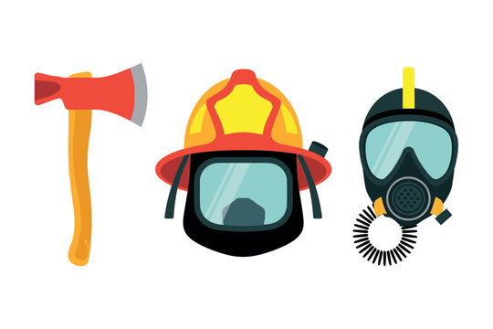 Firefighter Equipment Icons Set: Helmet, Axe, and Gas Mask Illustrations