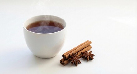 Steaming hot tea with cinnamon and star anise on white background