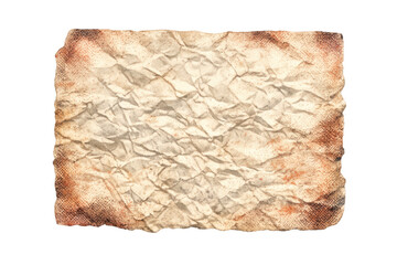 Fototapeta premium Crumpled vintage paper texture with burnt, stained edges on transparent background, aged document, distressed surface, retro message