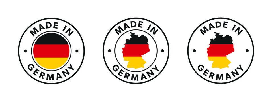 Made in Germany logo or merchandise mark. Text "Made in Germany" with german flag and outline of Germany in a circle. Isolated vector illustration.