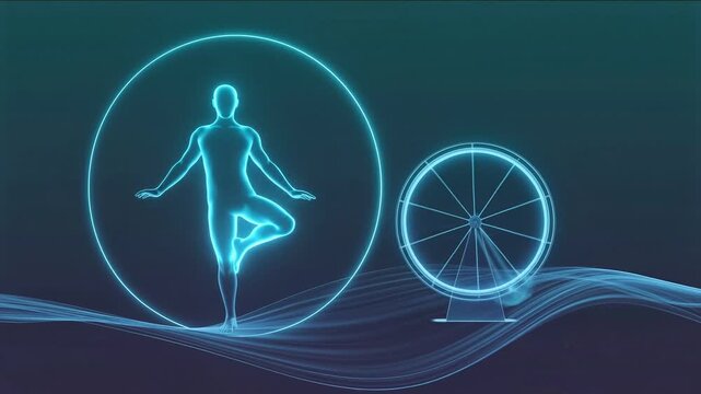 Yoga and Wheel Diagram: A tranquil scene showcases a serene yoga pose, artfully encapsulated within a circular frame, and adjacent, a wheel is illustrated; All this on a digital background.