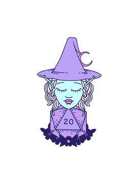 jiggle motion animation of Retro Tattoo Style elf mage character with natural twenty dice roll