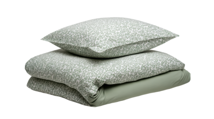 Stacked pillows and folded duvet cover featuring light green leaf print pattern, providing comfort and a natural aesthetic for bedroom decor with transparent background