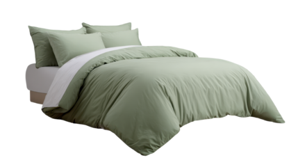 Green bedding set with soft duvet cover and comfortable pillows, providing a cozy and peaceful atmosphere for a modern bedroom, with transparent background