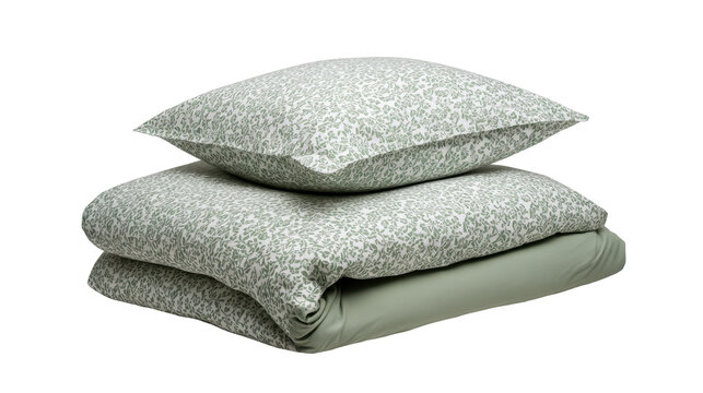 Stacked pillows and folded duvet cover featuring light green leaf print pattern, providing comfort and a natural aesthetic for bedroom decor with transparent background