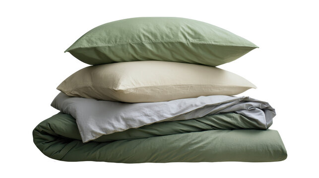 Stacked pillows and bed linen showing comfort, relaxation, and textile quality, featuring soft bedding textiles in green and beige colors on transparent background