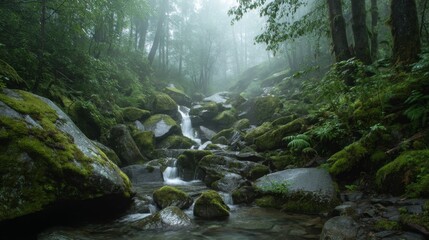 Obraz premium Tranquil Forest Stream Flowing Over Mossy Rocks Surrounded by Lush Greenery and Misty Atmosphere in Serene Nature Landscape