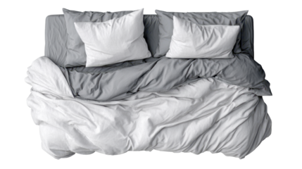 Unmade bed with gray and white linen, duvet, and pillows on a transparent background, representing relaxation, comfort, and a peaceful morning routine