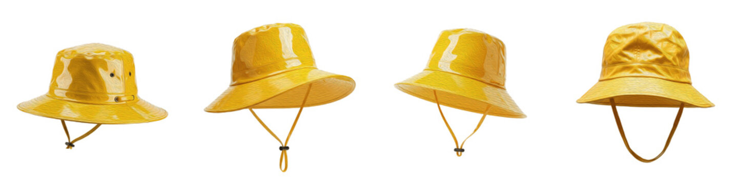 Realistic Bright Yellow Waterproof Sou'wester Rain Hat Collection Featuring Glossy Vinyl Designs with Adjustable Chin Straps Isolated on White Background PNG Mockup