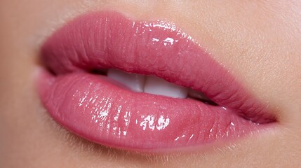 Beautiful pink lips with shiny lip gloss close up smooth and bright lip care concept
