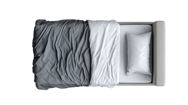 Unmade twin bed with comfort bedding and pillow, gray and white wrinkled duvet, inviting relaxation and modern home sleeping furniture, top view on transparent background