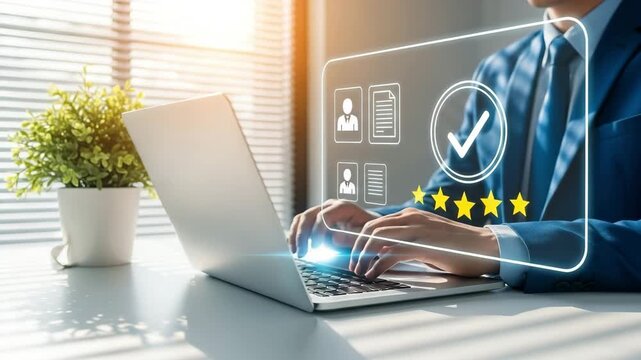 Businessman typing on laptop giving five star rating for quality service and customer feedback motion animated 4K video.