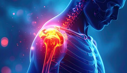 Shoulder pain depicted via 3D rendered human form, highlighted in red, with skeleton showing through in blue tones