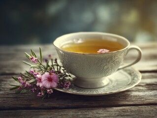 Fototapeta premium soft focus image of a vintage teacup filled with aromatic herbal tea stock photo