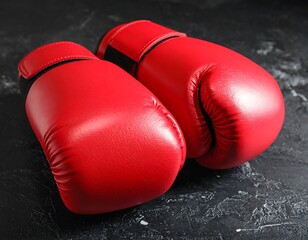 Pair of bright red boxing gloves sit on a dark gray, mottled surface, lit by overhead light source