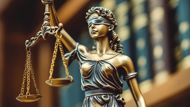 Symbol of justice, Lady Justice statue holding scales of justice in a library setting