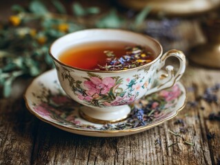 Fototapeta premium soft focus image of a vintage teacup filled with aromatic herbal tea stock photo