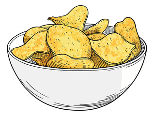 Hand drawn line art illustration of a bowl of potato chips depicting a crunchy snack for a party