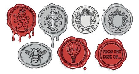 Hand drawn line art wax seal set featuring a lion, anchor, shield, bee, and hot air balloon for official and decorative use