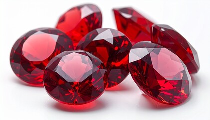 Round-cut red gemstones arranged on white surface with vivid reflections and faceted brilliance