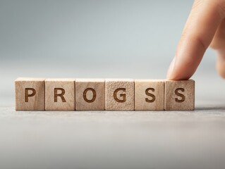 professional business progression wooden blocks spelling progress growth success on a subtle gradient background human hand gently touching the blocks clean and modern concept for corporate developme