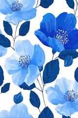 Seamless repeating floral pattern illustration featuring blue flowers and green leaves on a white background, ideal for textile design and wallpaper applications