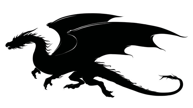 A black silhouette of a dragon in flight, wings spread wide, details in white