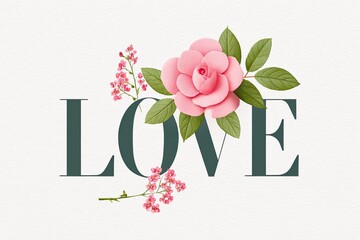 Floral typography illustration featuring the word LOVE adorned with pink roses and delicate blossoms on a textured background, ideal for romantic themes and design projects