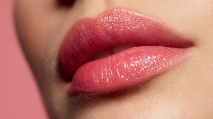 Fototapeta premium Close up of woman's lips with shiny pink lip gloss on a soft pink background highlighting smooth and bright lip care