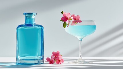 Minimalist blue glass bottle beside a cocktail glass filled with blue liquid and garnished with pink flowers on a white surface with soft shadows