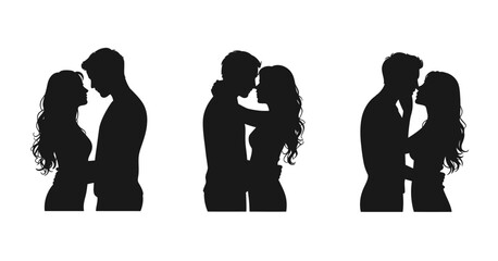 Three romantic silhouette scenes showing couples embracing and kissing with deep affection, capturing love, passion, and emotional intimacy in timeless minimalist black artistic style