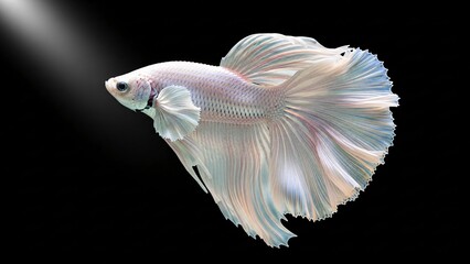 Fototapeta premium Elegant white betta fish with flowing fins isolated against a dark backdrop