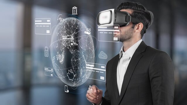 A professional businessman wearing a virtual reality headset engages with digital financial data in a modern office environment, showcasing innovation and technology. Raster - Powered by Adobe