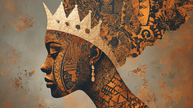 Profile of African queen  woman with afro  geometric patterns