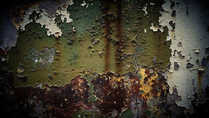 Close-up of decaying paint on a weathered surface, displaying layered textures and color variations