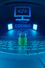 Security And Coding Concept With Padlock On Laptop Keyboard And Neon Code Symbol