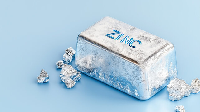 Metal bar with word "Zinc" on light blue background for industrial, mining and investment concepts