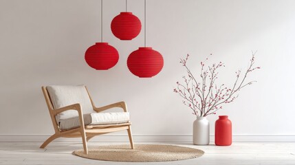 Minimalist home interior featuring a comfortable chair, decorative red lanterns, and a vase with branches, designed for a modern Chinese aesthetic