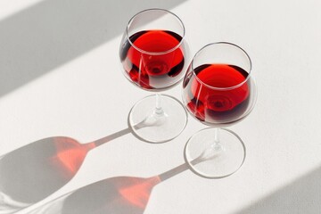 Two glasses of red wine on a white surface casting shadows, showcasing the rich color and clarity of the wine in a bright, minimalistic setting