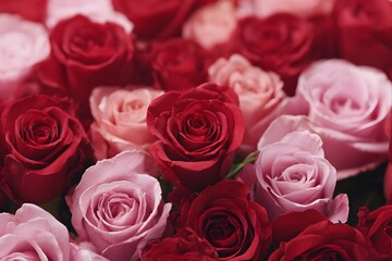 A dense wall of red and pink roses provides a festive background for St. Valentines Day