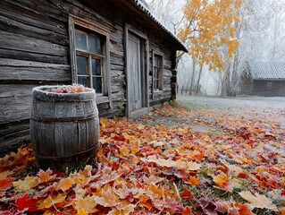 Rustic wooden cabin surrounded by fallen autumn leaves and frost  