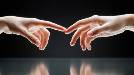 Two human hands reaching toward each other against a dark background, with reflections visible on a smooth surface, creating a sense of connection and interaction